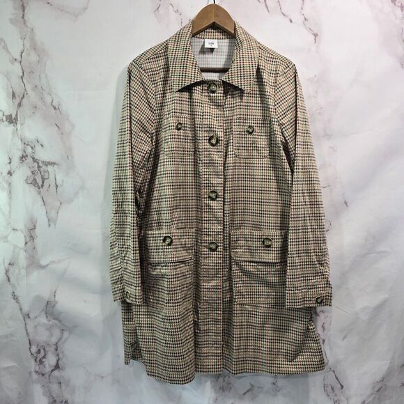 Cabi Jacket Womens Medium Brown Red Sherlock Houndstooth Trench Coat 3734 - Picture 1 of 11